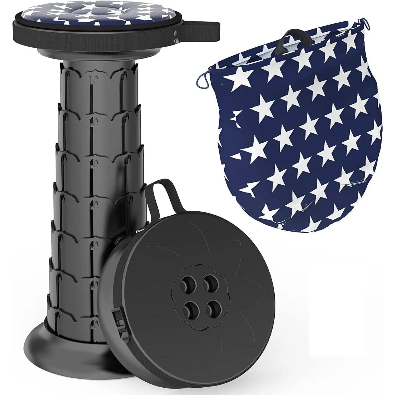 Upgraded 20.4" Portable Collapsible Folding Stool with Cushion Retractable Telescoping Stool for Adults Sturdy Capacity 550lbs Camping Chair for Outdoor Hiking Garden BBQ with Bag