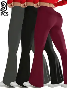 Women's High Waist Solid Color Fleece Lined Flared Pants Set of 3 Comfortable Warm Winter Casual Trousers for Everyday Wear