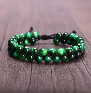 Evil Eye Protection Natural Stone Bracelet Green Tigers Eye 6mm Beads Double Braided Charka Bracelet Magnetic for Men Women Jewelry