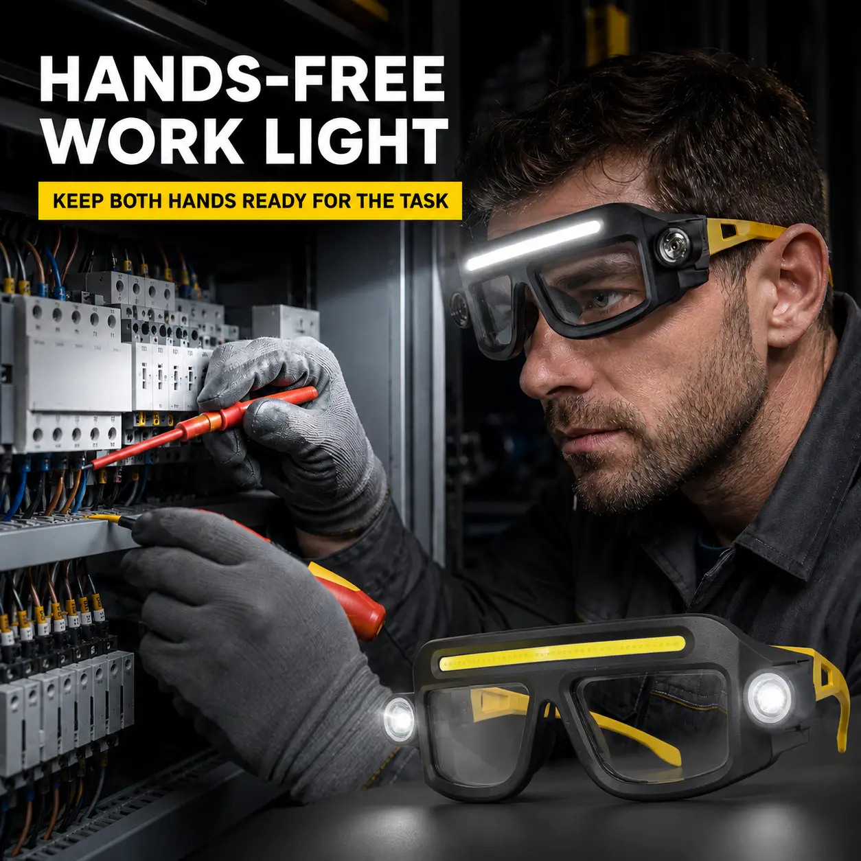 LED Safety Work Glasses, USB‑C Rechargeable Hands‑Free Work Light Goggles, Protective Safety Glasses with COB & Side LED Lights for Mechanic, Repair, Workshop, Night Work Protective clear lens-MM