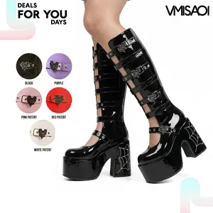 VIMISAOI Platform Boots For Women Knee High Round Toe Chunky Block Heel Multi Strap Spider Buckle Heart Pastel Goth Egirl Trendy Fashion Halloween Rave Combat Concert Cosplay Festival Comfortable Modern Fashion Boots Deals For You Days