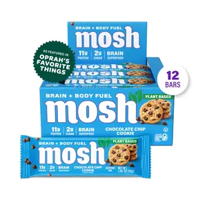 MOSH Plant-Based Chocolate Chip Cookie Protein Bars - 12 Packs, Healthy Cookie Snack, Low Sugar, High Fiber, Keto Friendly, Gluten Free, Good Protein Source, 6+ Brain Nutrients Including Cognizin, Mission Focused, Gives Back, Natural Snack