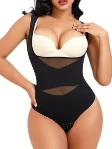 Women's Contrast Mesh Knitted Nylon Thong Design Shapewear Bodysuit, High Stretch Fit U Neck Tummy Control Shapewear Clothing, Ladies Shapewear for Daily Wear, Garment, Underwear