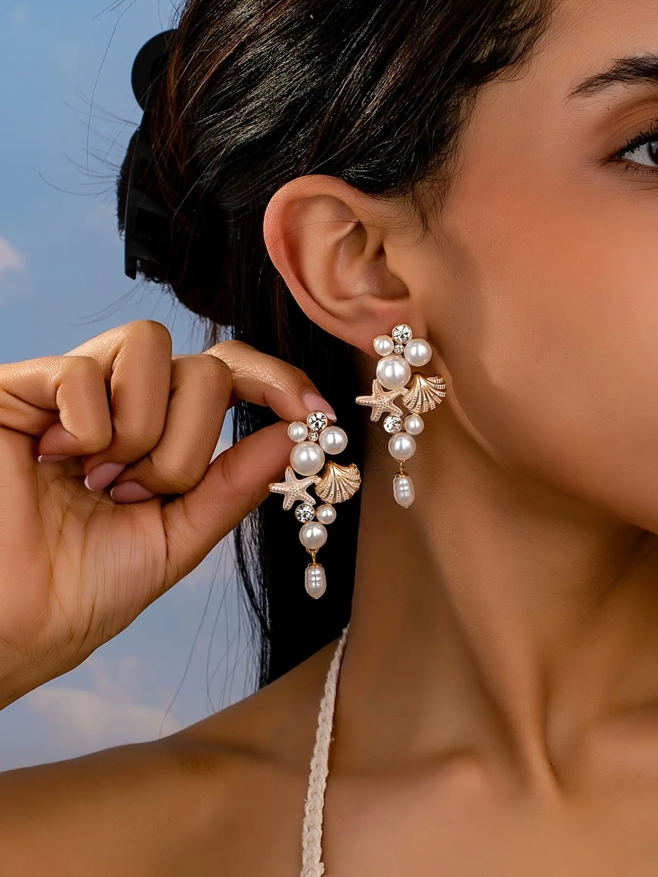 Boho Style Elegant Fashion Imitated Pearl Starfish Shell Dangle Earrings, Earrings Jewelry, Spring Summer Women's Beach Vacation Daily Wear Gift