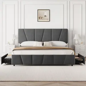 King-Size Soft Upholstered Platform Bed Frame with Adjustable Linen Headboard, Sturdy Metal Structure, 2 Side Drawers, Compact Design, Wooden Slat Support, No Box Spring Required, Dark Grey (King-Size Bed Frames)