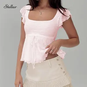 Women Summer Lace Tank Top Cap Sleeve Vintage Floral Sheer Blouse