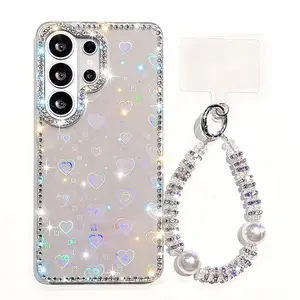 Glitter Transparent Protective Case For Samsung S24 S25 FE S26 S25 Plus S23 Ultra A16 A26 A36 A56 A17 A07 A15 A35 A55 5G Wrist Strap Lanyard Shockproof Laser Cover Protector Accessories Casing Protection