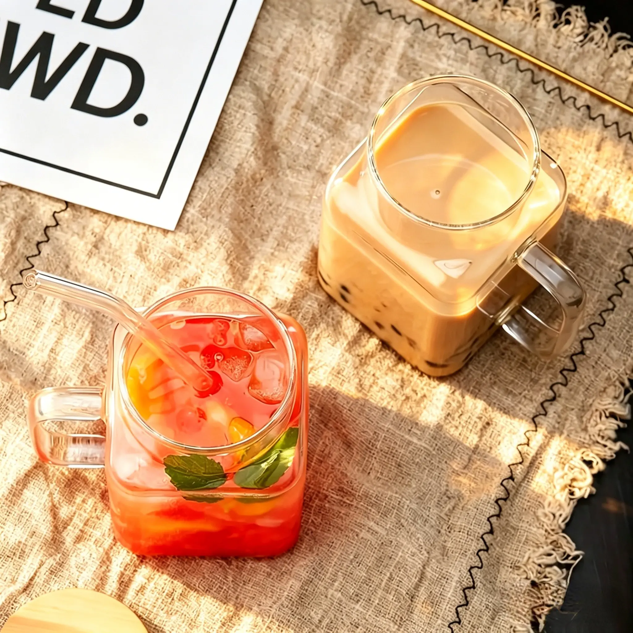 Square Glass Drinkware Set, High Borosilicate Material, Heat Resistant, Includes Lid & Straw, Ideal for Home Office Use, Stylish Design, Square Drinking Glasses