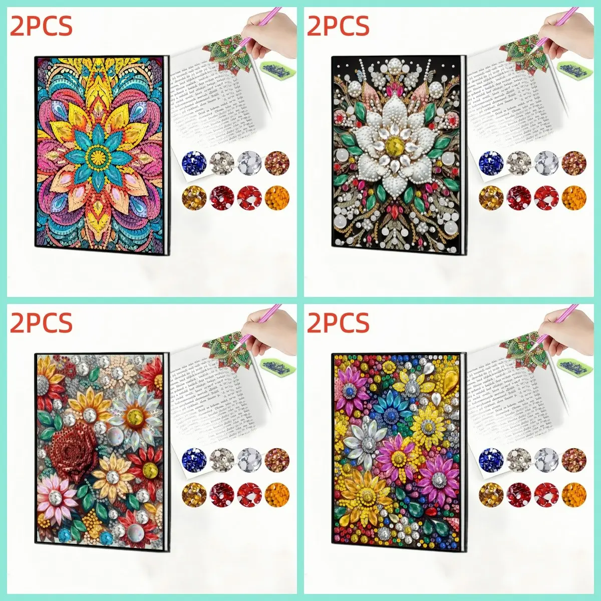 2PC Diamond craft notebook, diamond craft corner bookmark, Diamond painting kits, mandala flower pattern PU leather with crystal gemstone embellishment, suitable for home office writing, painting, bookmarking; DIY Kit for reading lovers, Diy Diamond Art