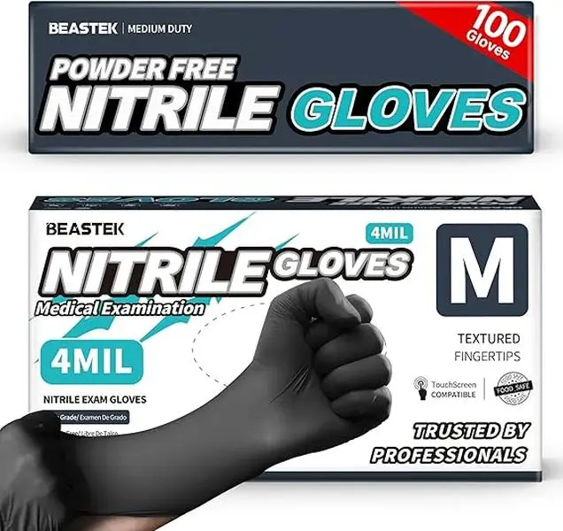 Beastek Black Disposable Nitrile Exam Gloves 100 Pcs 4Mil Chemical Resistant Powder-Free Latex-Free Food Safe Medical Cooking