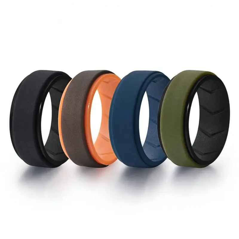 Set of 4 men's wedding rings silicone rubber rings fit sizes 7-15, comfortable, durable and stylish for an active lifestyle 8mm wide 2mm thick, everyday jewelry for a luxurious look