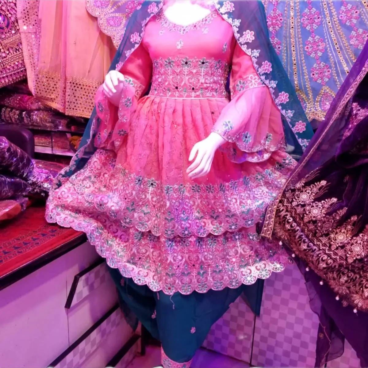 Punjabi Dress Womenswear Traditional Clothing Long Sleeve very comfortable. Pink Teal