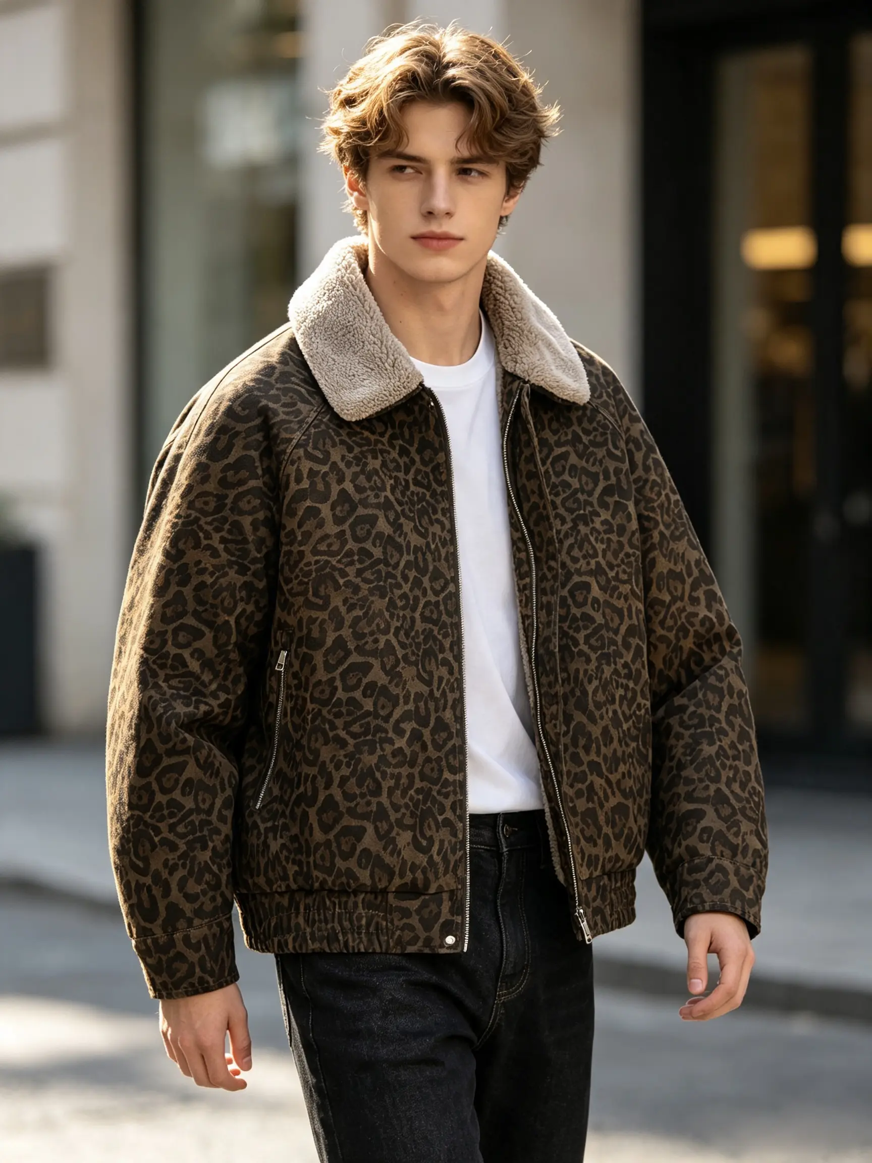 Retro leopard print jacket for men, a casual and loose fit, with Turn-Down Collar
