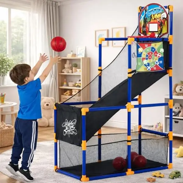 GAOMON 2-in-1 Kids Basketball Arcade Game with Sticky Toss, Height Adjustable Indoor Outdoor Basketball Hoop, Ball Return Ramp, 4 Basketballs & 6 Sticky Toss Balls Sports Toy for Toddlers Ages 3+