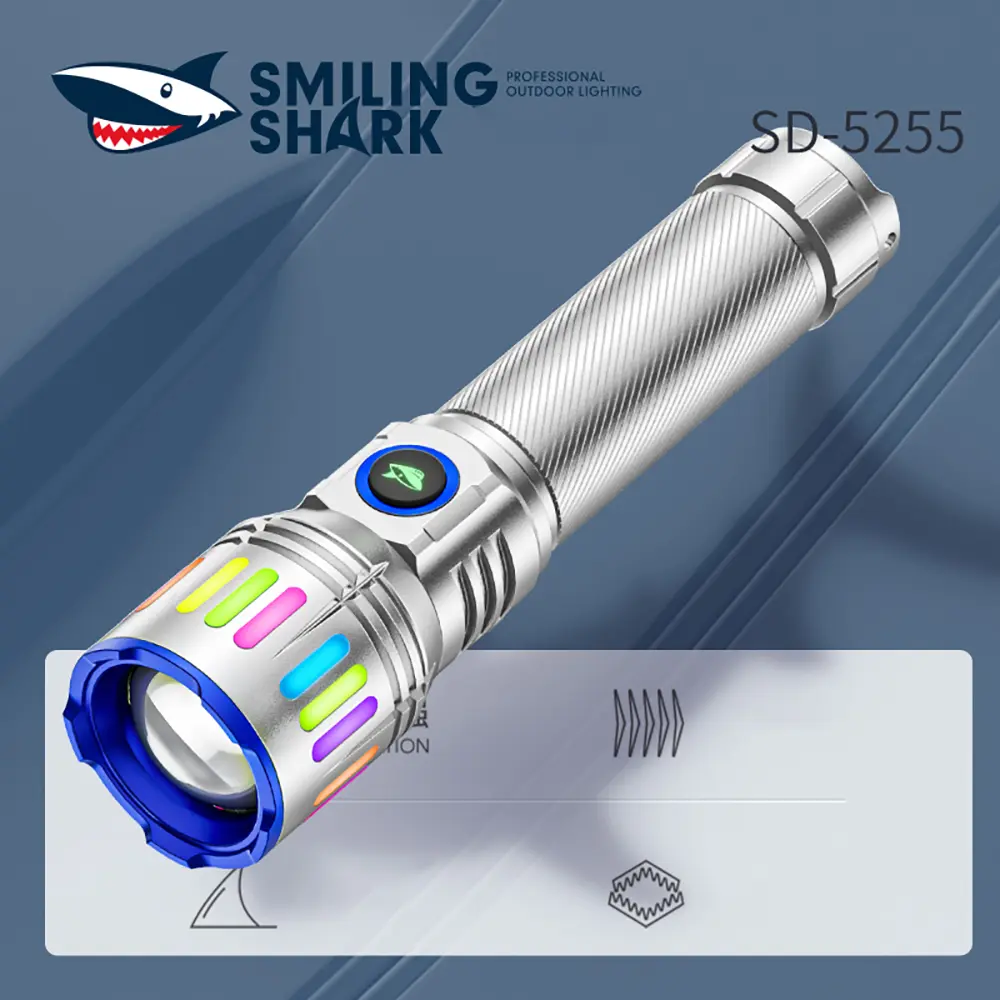 smilingshark Modern LED Flashlight with Professional Extendable Zoom and Color Lights, USB Rechargeable 2800mAh Battery for Outdoor Camping, Design, Led Lights