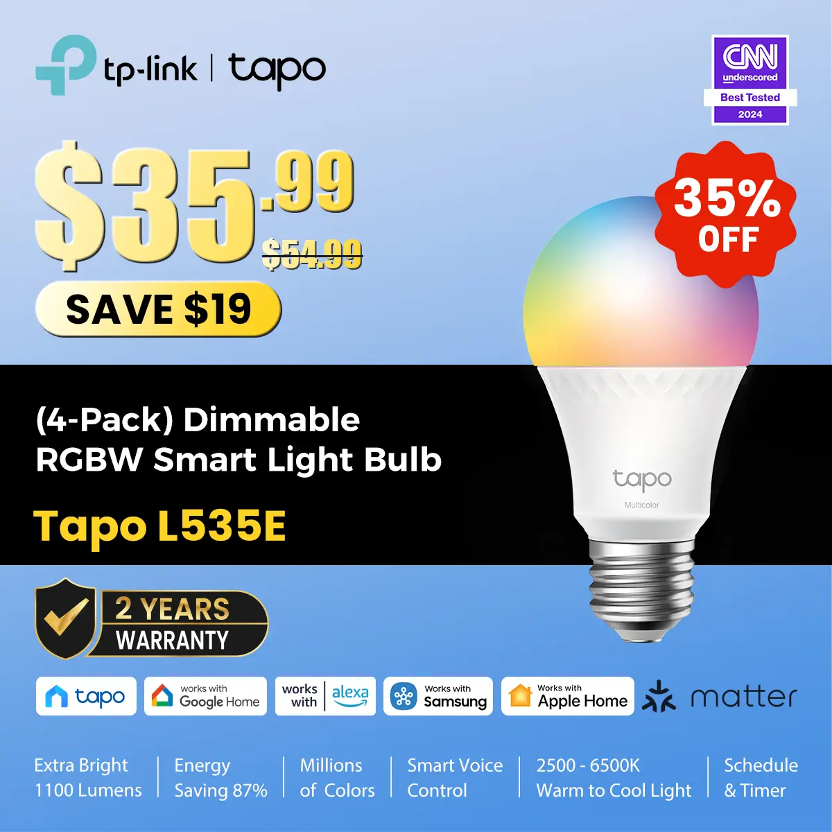 TP-Link & Tapo L535E(4-Pack) Smart Light Bulbs, 1100 Lumens High Brightness (75W Equivalent), Matter-Certified, 16M Colors WiFi Light Bulb, Dimmable, Works w/Siri, Alexa & Google Home,A19 E26  #SummerWins #DealsForYouDays