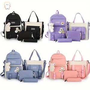 ASD-4pcs/set Simple Casual Backpack Large Capacity School Bag Travel Bag Canvas Shoulder Bag For Students