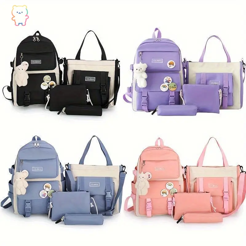 ASD-4pcs/set Simple Casual Backpack Large Capacity School Bag Travel Bag Canvas Shoulder Bag For Students