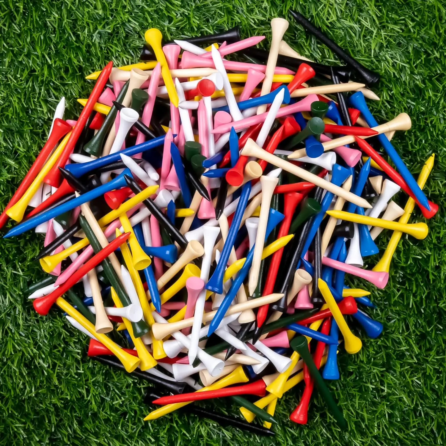 Natural Wood Golf Tees (250 Count) - Professional, Enviro-Friendly for Golf Practice, American Standard Sizes (3.25in, 2.75in, 2.08in, 0.44in), Multiple Colors, Bulk, Reduces Side Spin & Friction