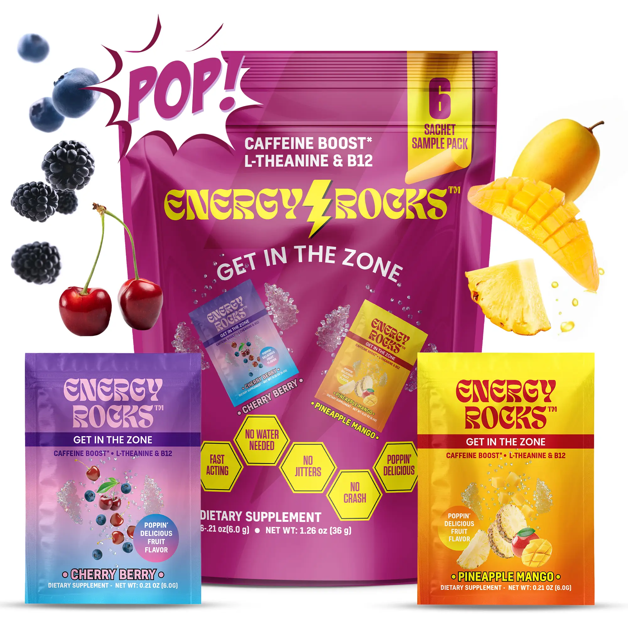 Energy Rocks – Popping Energy Candy! – Fast Acting Focus Boost with Caffeine & L-Theanine – No Water Needed – Cherry Berry & Pineapple Mango Flavors –