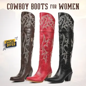VIMISAOI Over the Knee Cowboy Boots for Women Round Toe Zipper Closure Cowgirl Boot Block Heels Western Embroidered Boots Elegant Festival Wear Knight Boots