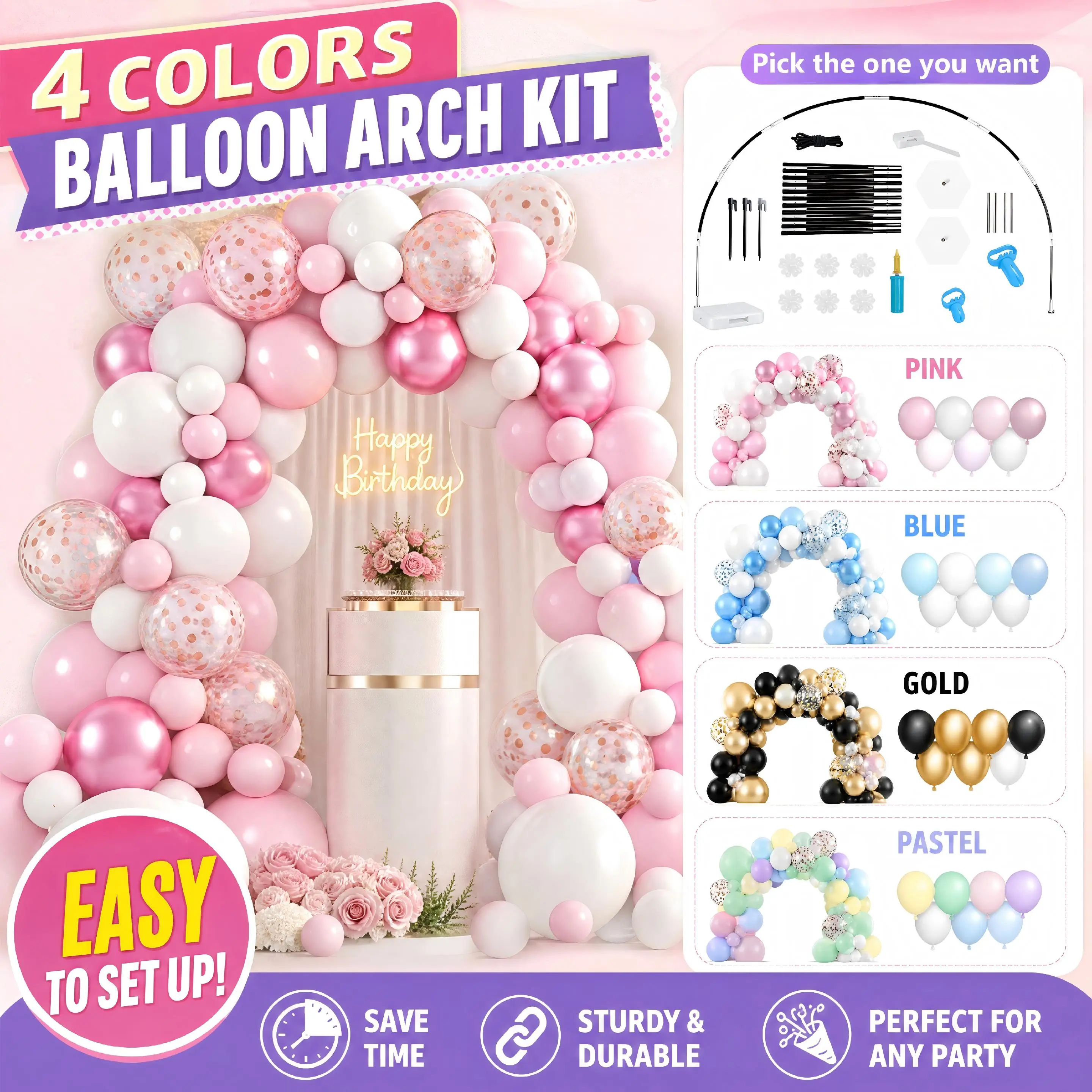 Balloon Arch Kit with Complete Stand & Accessories, DIY Balloon Garland Set, 4 Color Options Reusable Balloon Frame Decorations for Birthday, Wedding, Baby Shower, Party