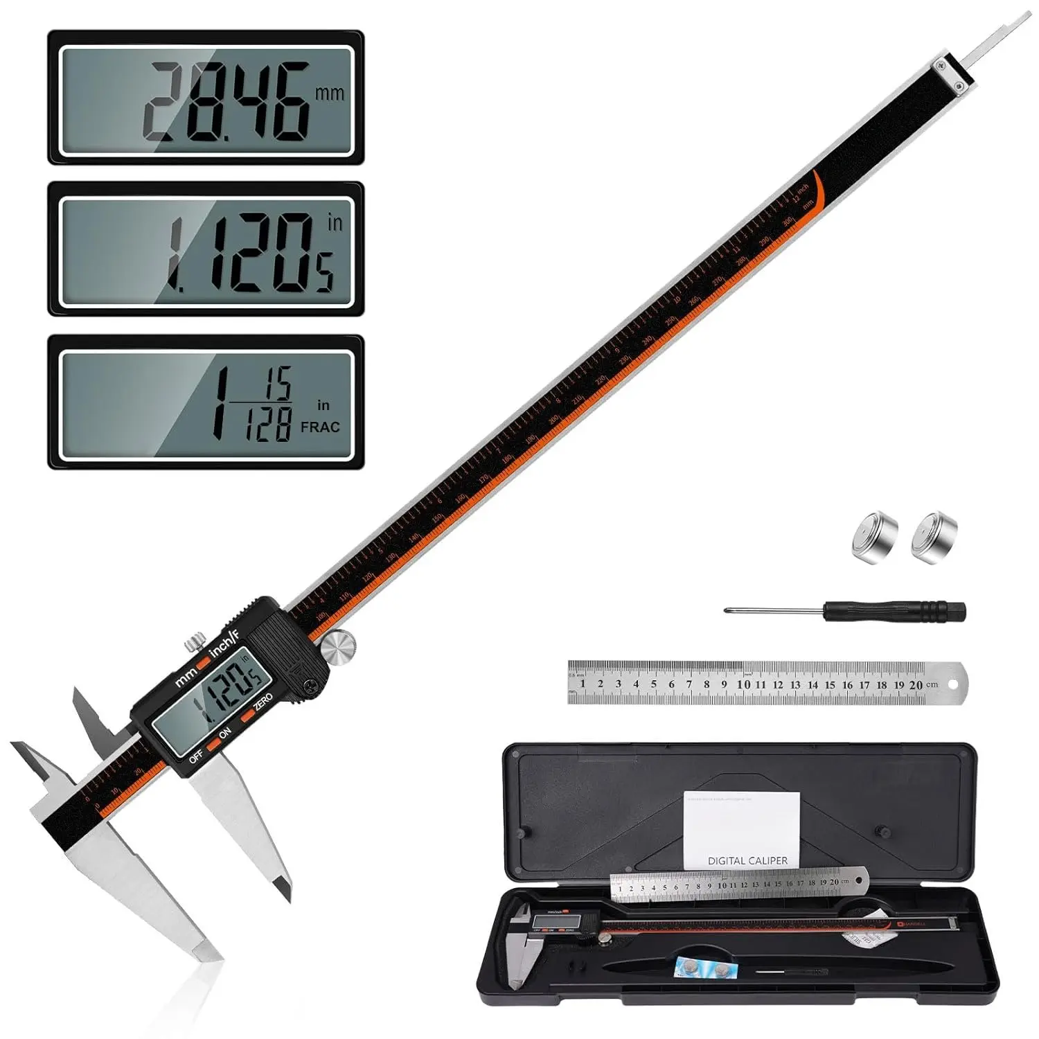 Digital Caliper 12 Inch, Stainless Steel Caliper Measuring Tool with Large LCD Screen, Auto-Off Feature, Inch/Millimeter, Electronic Vernier Caliper for DIY, Jewelry, Parts, 3D Printing