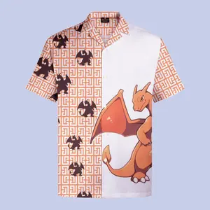 Charizard Fire Type Hawaiian Shirt with Pokemon Motif - Chrismast Gift for fan, him, husband - Collar, Menswear, Fabric, Loose, Wood Button Pikachu