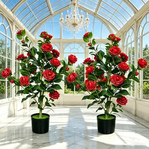 35 Inch 2 Pack Artificial Camellia Tree, Lifelike Fake White Camellia Flower Plant with Planter Pot, Decorative Faux Tree for Living Room Patio Garden Office, Ideal Christmas Housewarming Gift