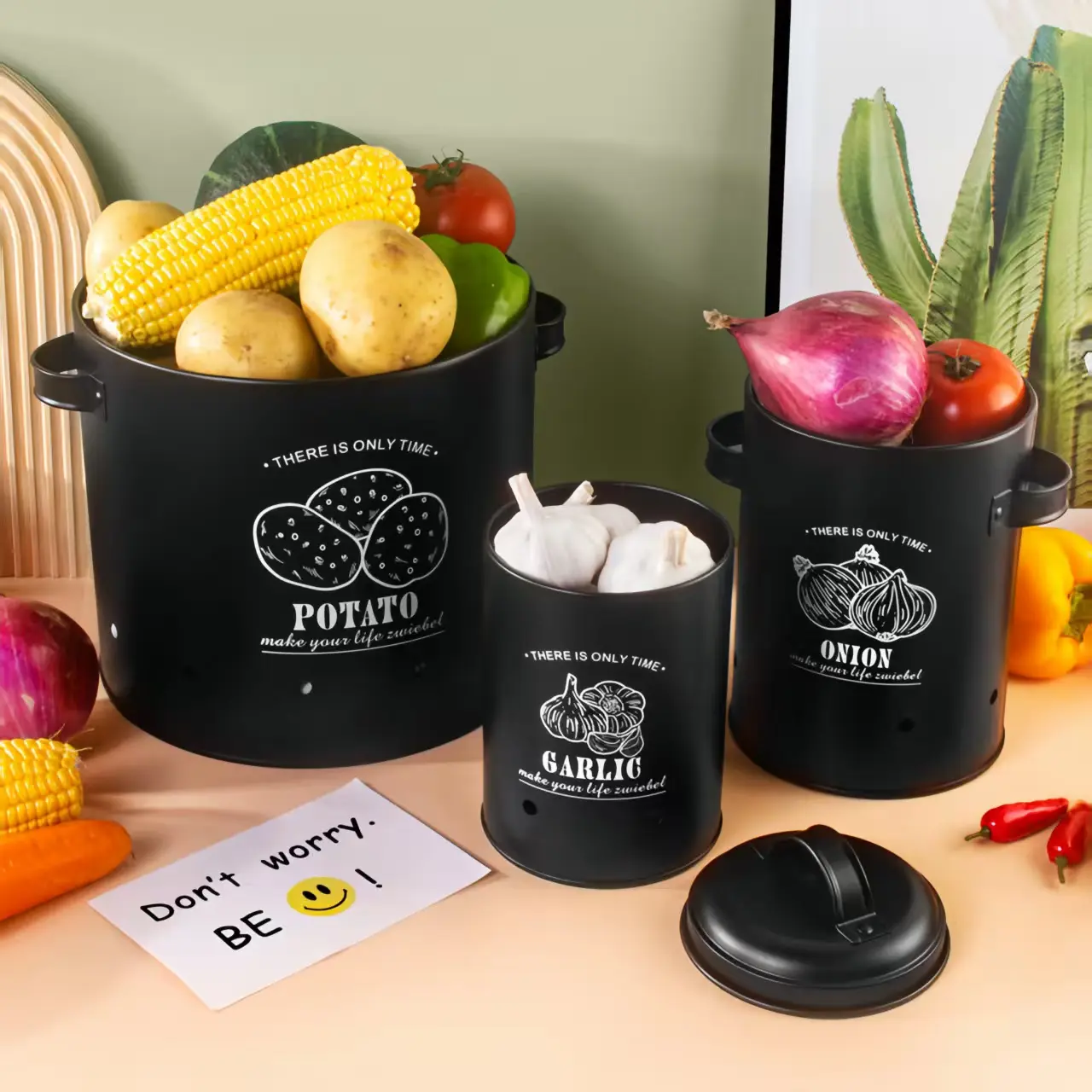 3-Pack Round Food Storage Containers Set with Lids - Versatile Sizes Farmhouse Kitchen Organization Kits, Ventilated Countertop Pantry Keepers for Potatoes, Onions, Garlic, Leakproof Freshness-Preserving Gift Canisters