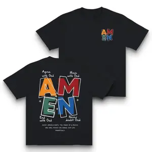 AMEN Classic Letter Header T-Shirt for Men Women Vintage Distressed 230g Washed Cotton Casual Fit God Bless (regular cotton/washed cotton) You Design