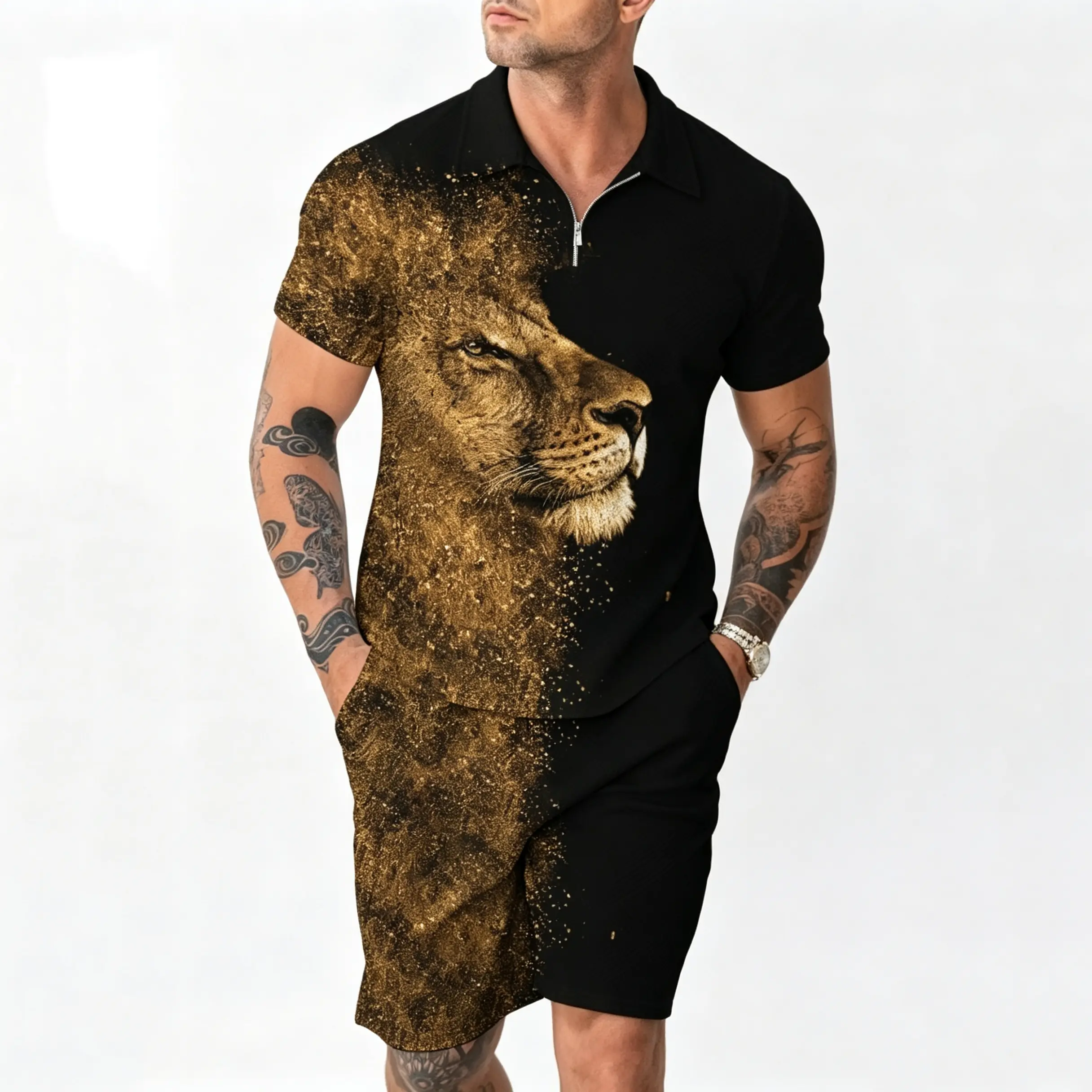Men Graphic 2 Piece Set, Stylish Lion Print Short Sleeve Polo And Shorts, Breathable Polyester, Daily Wear Outfit M‑3XL