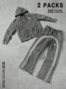 Two street-style sweatshirt sets for young men, with loose design and pockets, cotton fabric and worn-out washable, suitable for both casual sports and daily wear, Streetwear Tracksuit Set