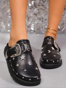 women's fashionable star & moon decorated platform metal buckle sandals, casual comfortable black slide sandals for daily wear, trendy all-match slide sandals for women & girls, walking shoes, footwear