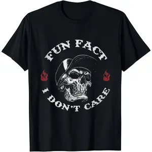 Men's "Fun Fact I Don't Care" Skull Print Black Cotton T-Shirt, Menswear Top, Stylish Short-Sleeve Round Neck, Comfortable Versatile Casual Everyday Wear