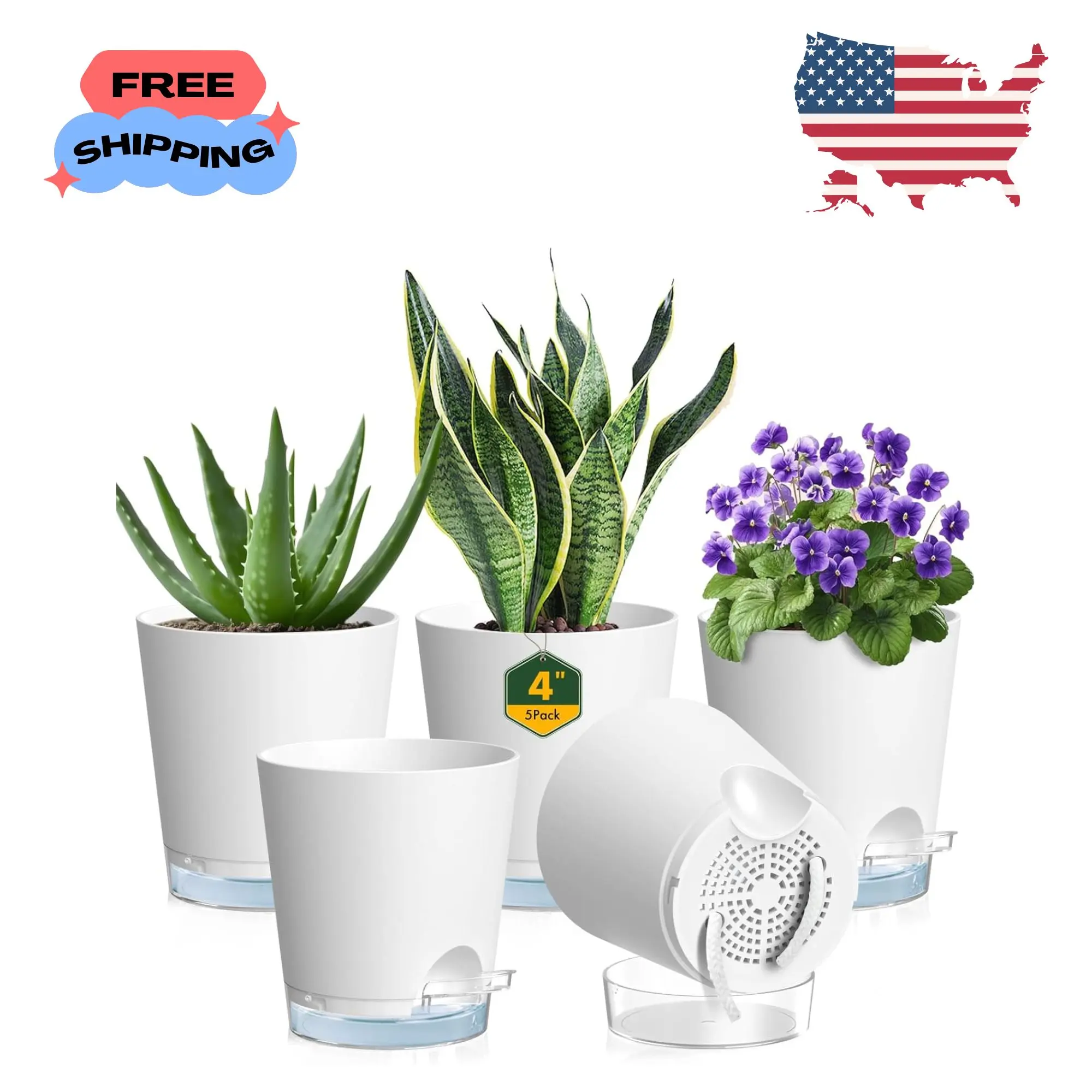 4 inch Self Watering Pots for Indoor Plants, 5 Pack with Drainage Holes and Clear Reservoirs, White