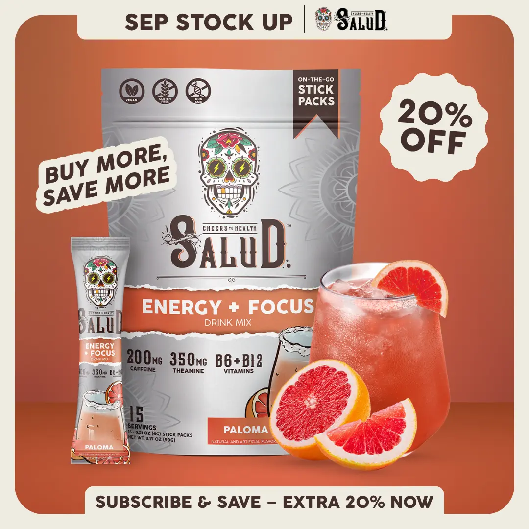 Salud 2-in-1 [Energy + Focus - Paloma] Clean Energy Drink Mix, Agua Fresca, Organic Caffeine, B6 & B12, L-Theanine, Drink Packets, Non-GMO, Gluten Free, Vegan, Low Calorie, 1g Sugar (15 Servings)