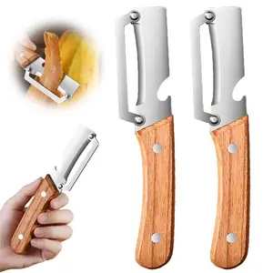 2 Pack 2 in 1 Multi Functional Vegetable Peeler with Bottle Opener and Wooden Handle, Ultra-Sharp Stainless Steel Blade for Sugar Cane Potato Fruit Pineapple Pumpkin Papaya Carrot Veggie, Kitchen Tool