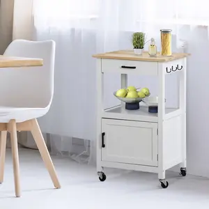 Segawe Smooth Rolling Kitchen Cart with Rotatable Lockable Wheels - MDF Frame Microwave Stand Island, Metal Organizer with 3 Hooks, Racks, Drawer, 77lbs Max Load, White Wood Finish