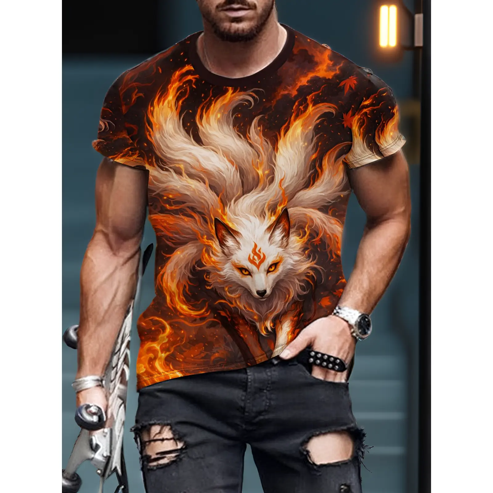 Men' Nine-Tailed Fox T-Shirt - Kitsune Fox Digital Print Short Sleeve Round Neck Top, Breathable Casual Wear Suitable for Spring Summer Fall, Machine Washable Stylish Mens Fashion Apparel, PLUS SIZE