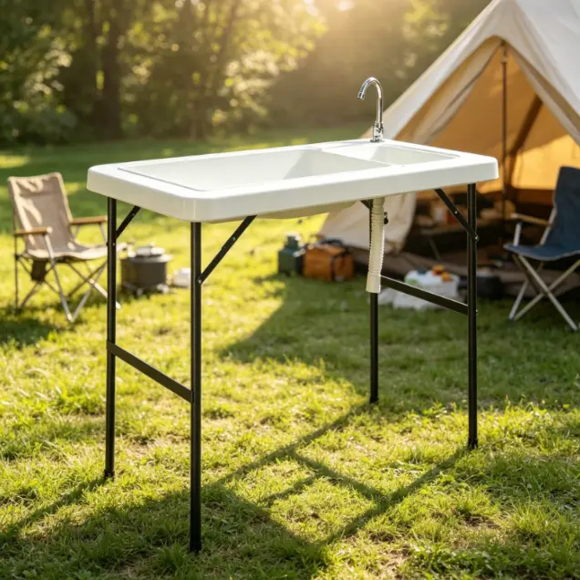 Folding Fish Cleaning Table with Sink & Faucet - Portable Outdoor Prep Station for Camping, Hunting & Fishing, HDPE Top