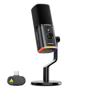 MAONO PD100W Wireless & Wired Gaming Microphone - Aesthetic Space-Saving Desktop Mic with Charging, High-Quality Audio, Quick Mute, Headphone Jack, Gain Knob, Volume Control, Dynamic RGB for PC Gamers, Compatible with PCs, Smartphones, Laptops, PS4, PS5,,