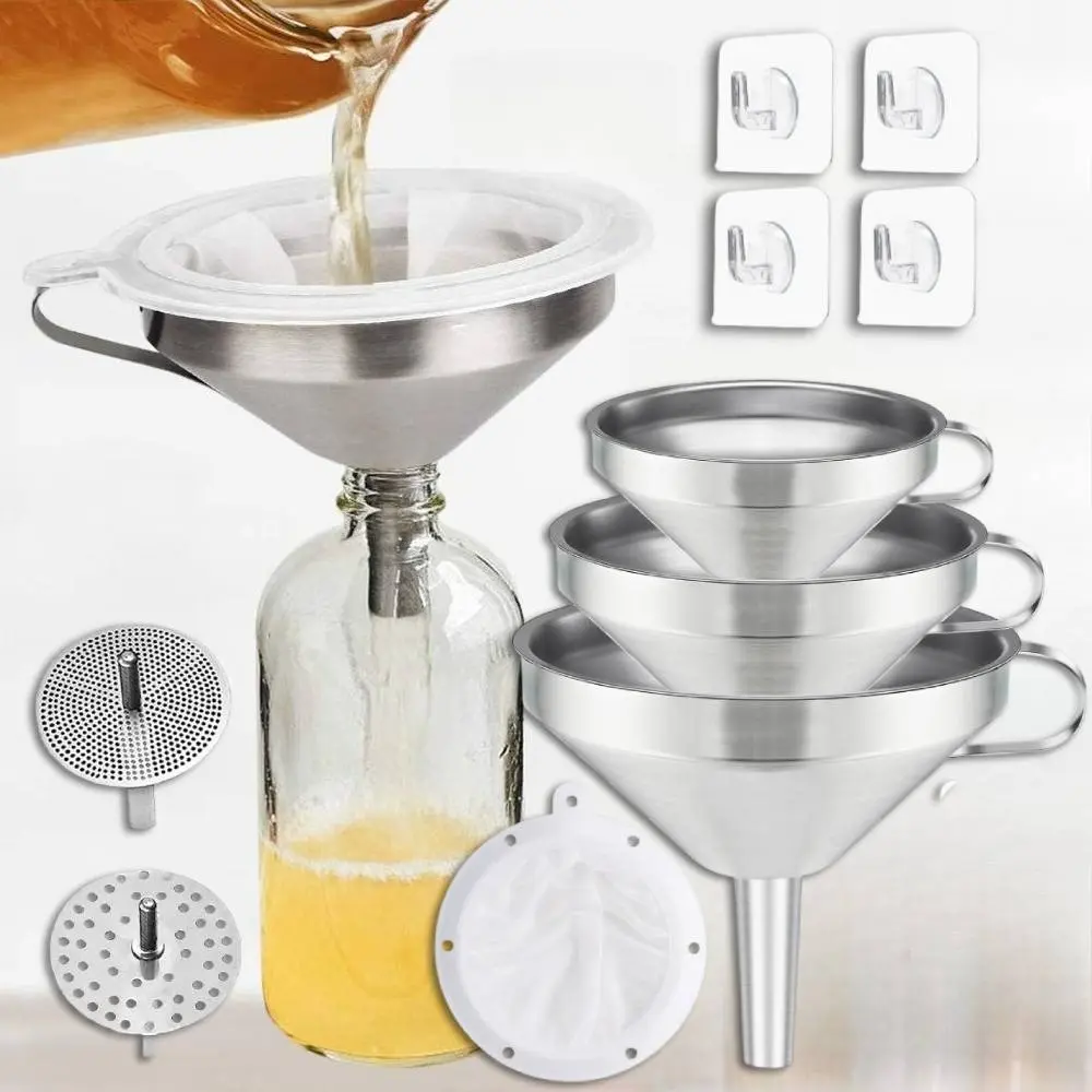 Food-Grade SS 3-Pack Stackable Stainless Steel Funnels with Handles, 2 Removable Strainers, 1 Nylon Mesh Filter, 4 Adhesive Hanging Hooks, Dishwasher Safe - Ideal for Liquid, Oil, Dry Ingredient Transfer