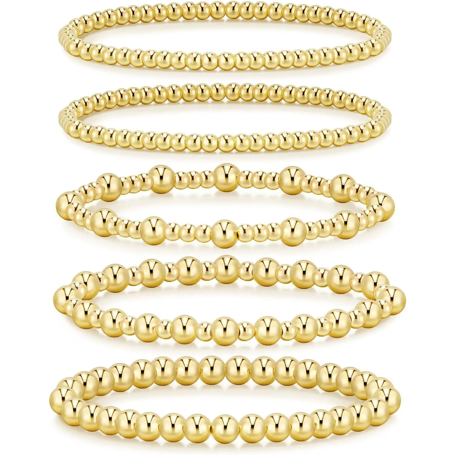 Gold Bracelets for Women, 14K Gold Plated Beaded Bracelets Strand Gold Stretch Bead Ball Bracelet stack Set Adjustable Gold Jewelry for Women Gift