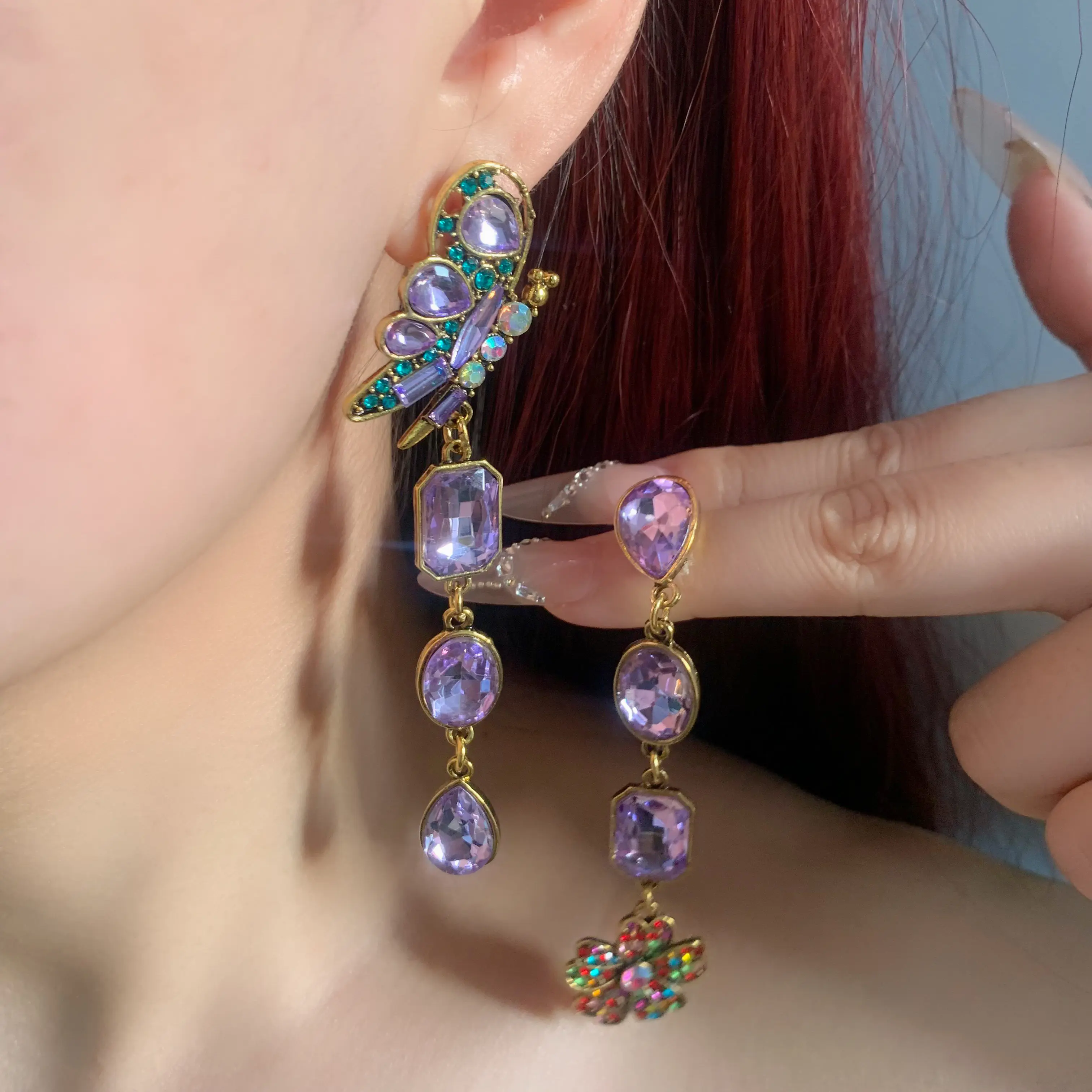 Yahzee Summer vibe Purple Gemstone Butterfly Flower Drop Earrings – Unique Asymmetrical Design, Sparkling and Elegant Fairycore Earrings, Perfect Gift for Wife, Girls, or Mom