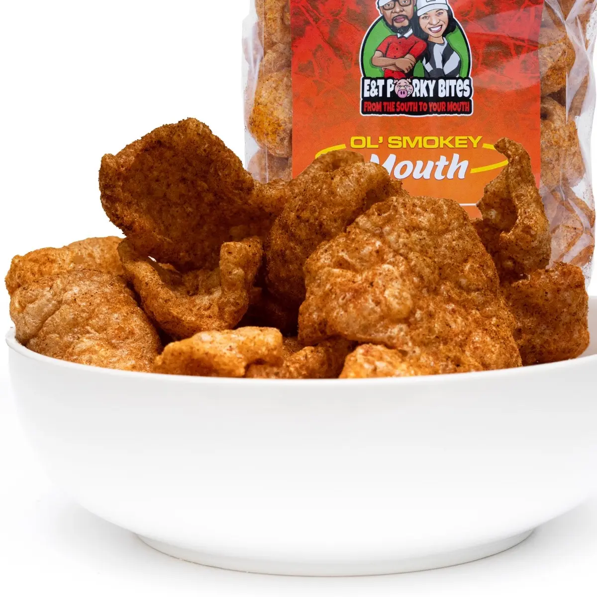 2-Bag Bundle E&T Porky Bites Ol' Smokey Mouth Flavored Fried Pork Rinds - Crunchy Chicharon, Ambient Low Calorie Spicy Food, Protein-Packed Snack Ideas for Parties, 3.5 oz Each Bag