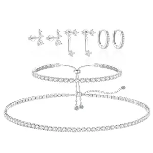 Tennis Necklace Bracelet for Women Silver Necklace Bracelet Earrings Jewelry Set for Women Party Prom Wedding Jewelry for Bride Bridesmaids Cubic Zirconia Tennis Choker Necklace Link Bracelet Stud Earrings Jewelry Set Accessories