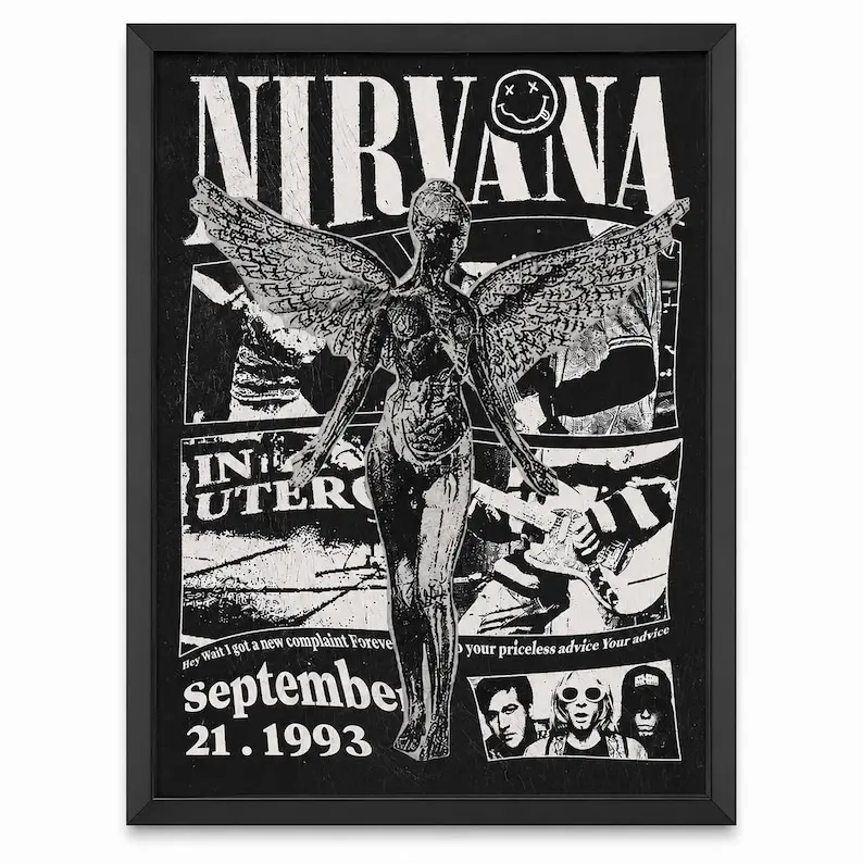 Nirvana In Utero Poster, Vintage Grunge Wall Art, Rock Band Print, Black & White Music Poster, Alternative Rock Decor, 90s Room Decor