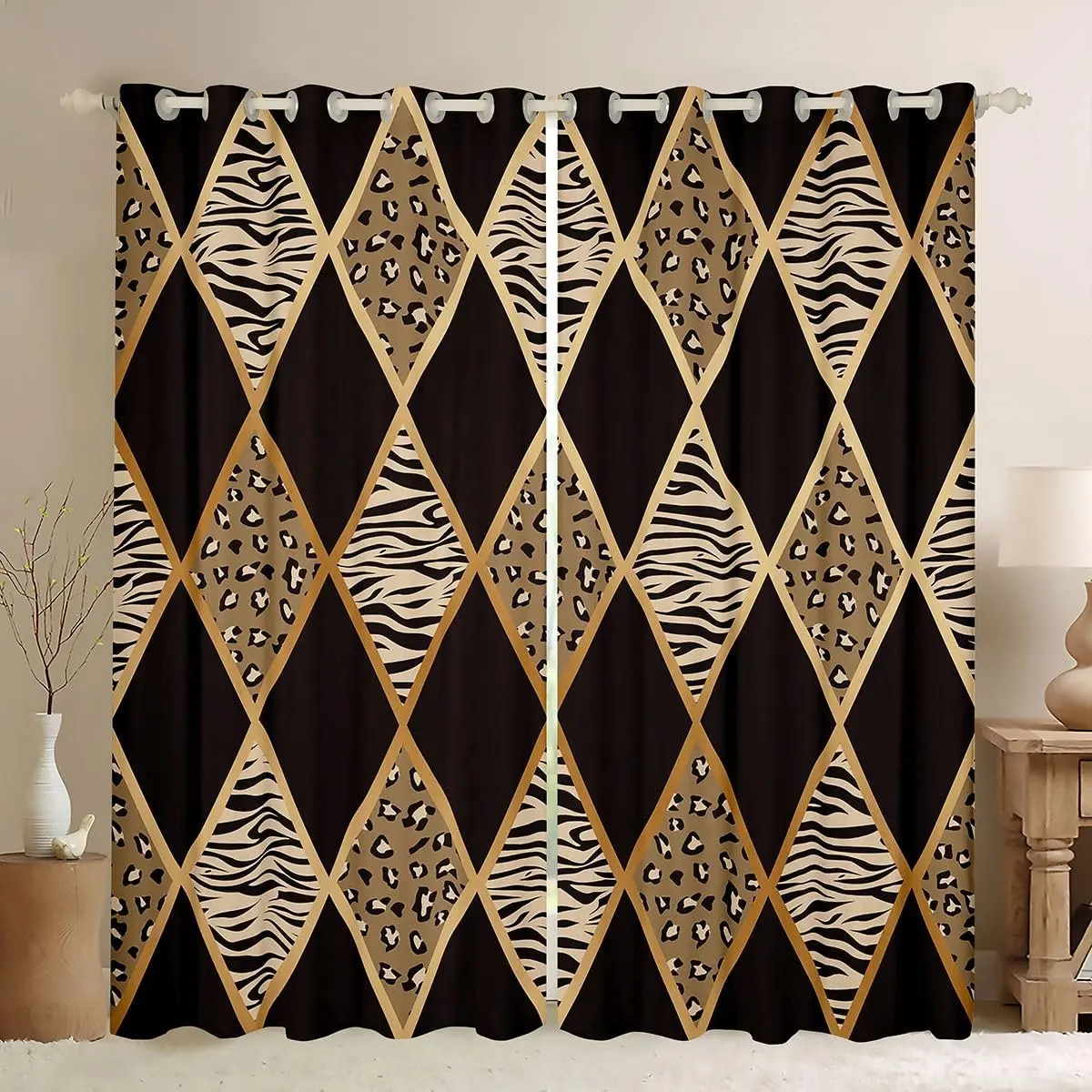 Safari Animal Print Blackout Curtains Cheetah Zebra Tiger Curtains & Drapes Giraffe Leopard Curtains 84Wx63L Black Brown Gold Window Treatments,Geometric Patchwork Plaid Window Curtains Bedroom Decor