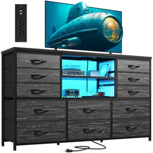 【SUMMER Vibes】Raybee Modern 10–12 Drawer Fabric Dresser for Bedroom, Wide Storage Dresser Organizer & Drawer Chest with LED Lights and Charging Station, 45-Inch TV Stand Dresser with Large-Capacity Drawers for Living Room, Closet, Entryway & Home Décor